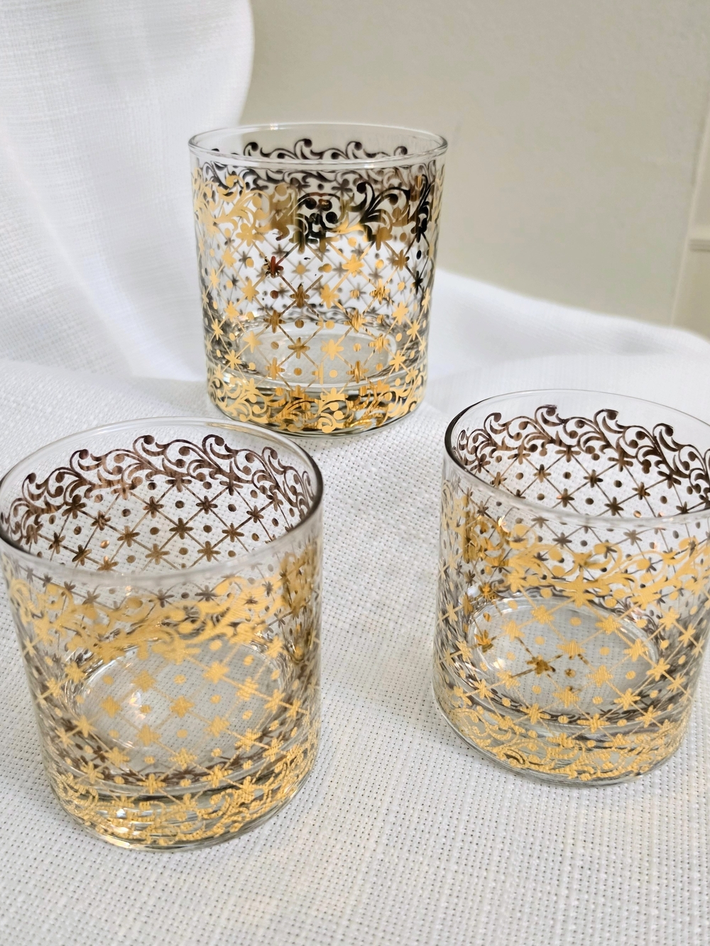 Baroque Gold Geometric Starburst Bar Glasses 8oz Tealight Holders Retro Pattern